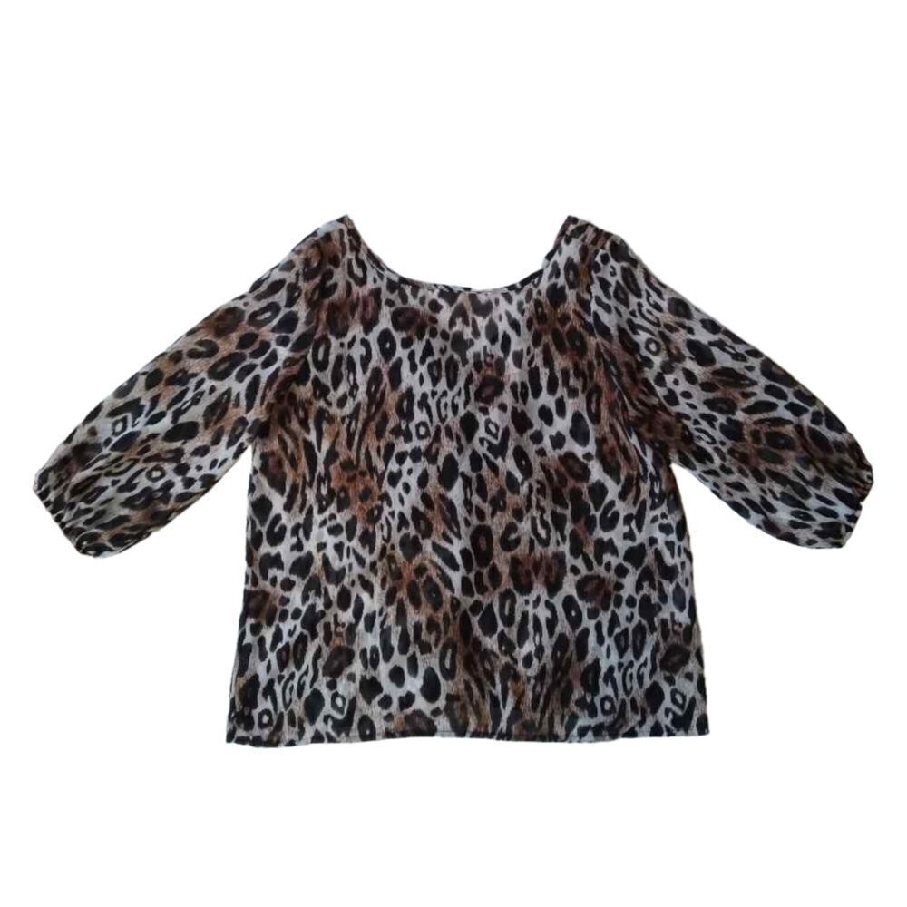 Brenda's Brown Black Leopard Animal Print Back Bow Sheer Blouse Women's Medium